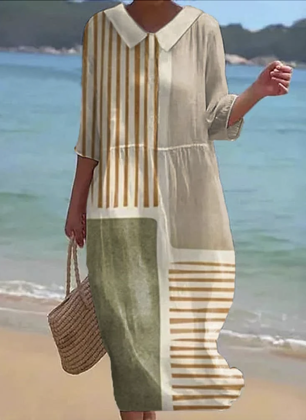 Damen Geometrisch Rundhals Halbarm Bequem Lässig Maxikleid