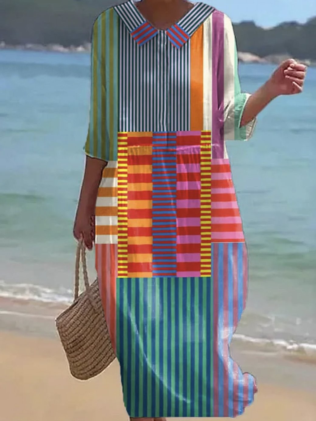 Damen Geometrisch Rundhals Halbarm Bequem Lässig Maxikleid