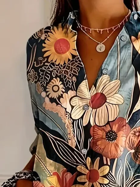 Hemdkragen Langarm Geblümt Schnalle Regelmäßig Weit Knopfhemd Bluse für Damen