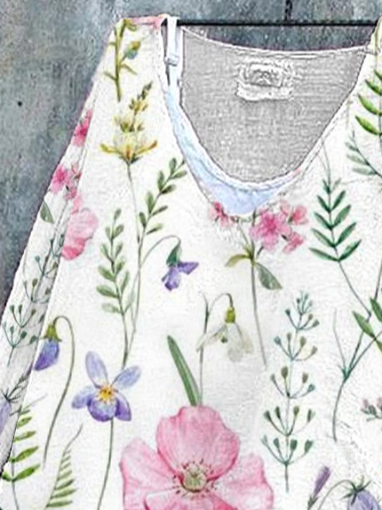 V-Ausschnitt Langarm Geblümt Print Regelmäßig Mikroelastizität Weit T-Shirt mit Grafik Bluse_ für Damen