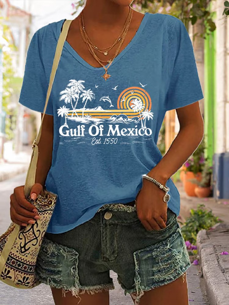 Lässig Geblümt V-Ausschnitt Kurzarm T-Shirt