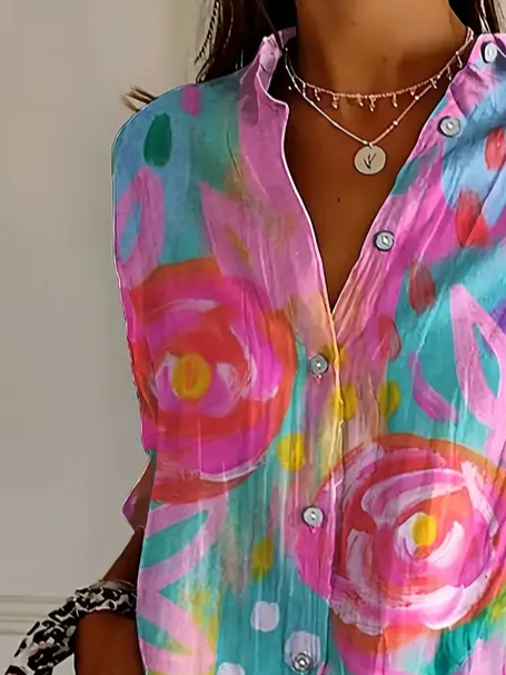 Hemdkragen Langarm Geblümt Schnalle Regelmäßig Weit Knopfhemd Bluse für Damen
