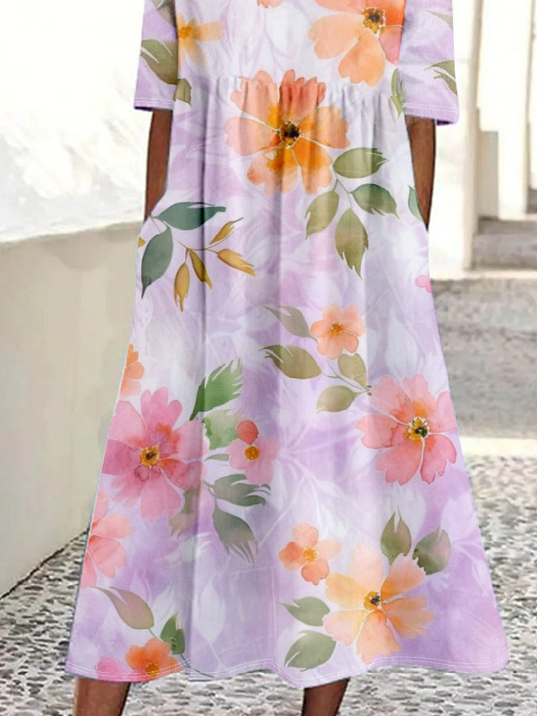 Damen Geblümt Rundhals Halbarm Bequem Lässig Maxikleid