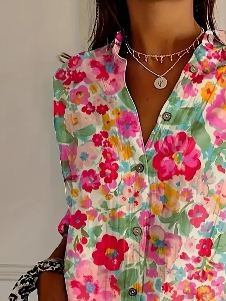 Hemdkragen Langarm Geblümt Schnalle Regelmäßig Weit Knopfhemd Bluse für Damen
