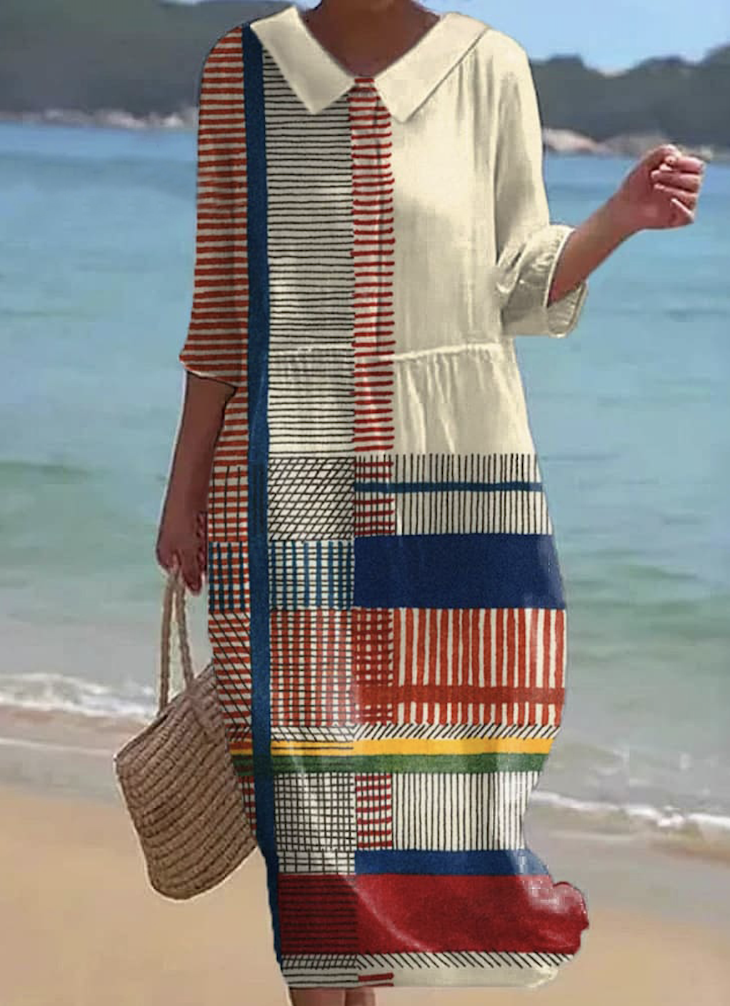 Damen Geometrisch Rundhals Halbarm Bequem Lässig Maxikleid