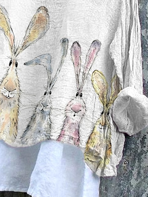 V-Ausschnitt Langarm OSTERN (Kaninchen) Print Regelmäßig Mikroelastizität Weit T-Shirt mit Grafik Bluse_ für Damen
