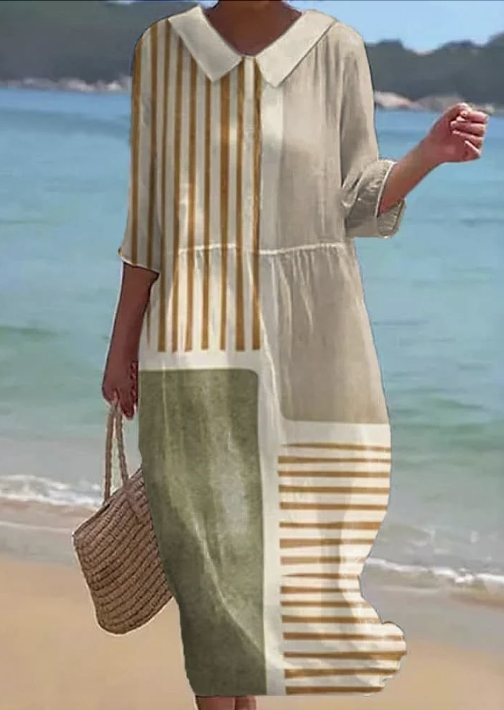 Damen Geometrisch Rundhals Halbarm Bequem Lässig Maxikleid