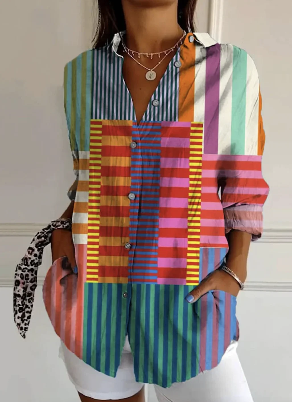 Hemdkragen Langarm Geometrisch Regelmäßig Mikroelastizität Regelmäßige Passform Bluse für Damen