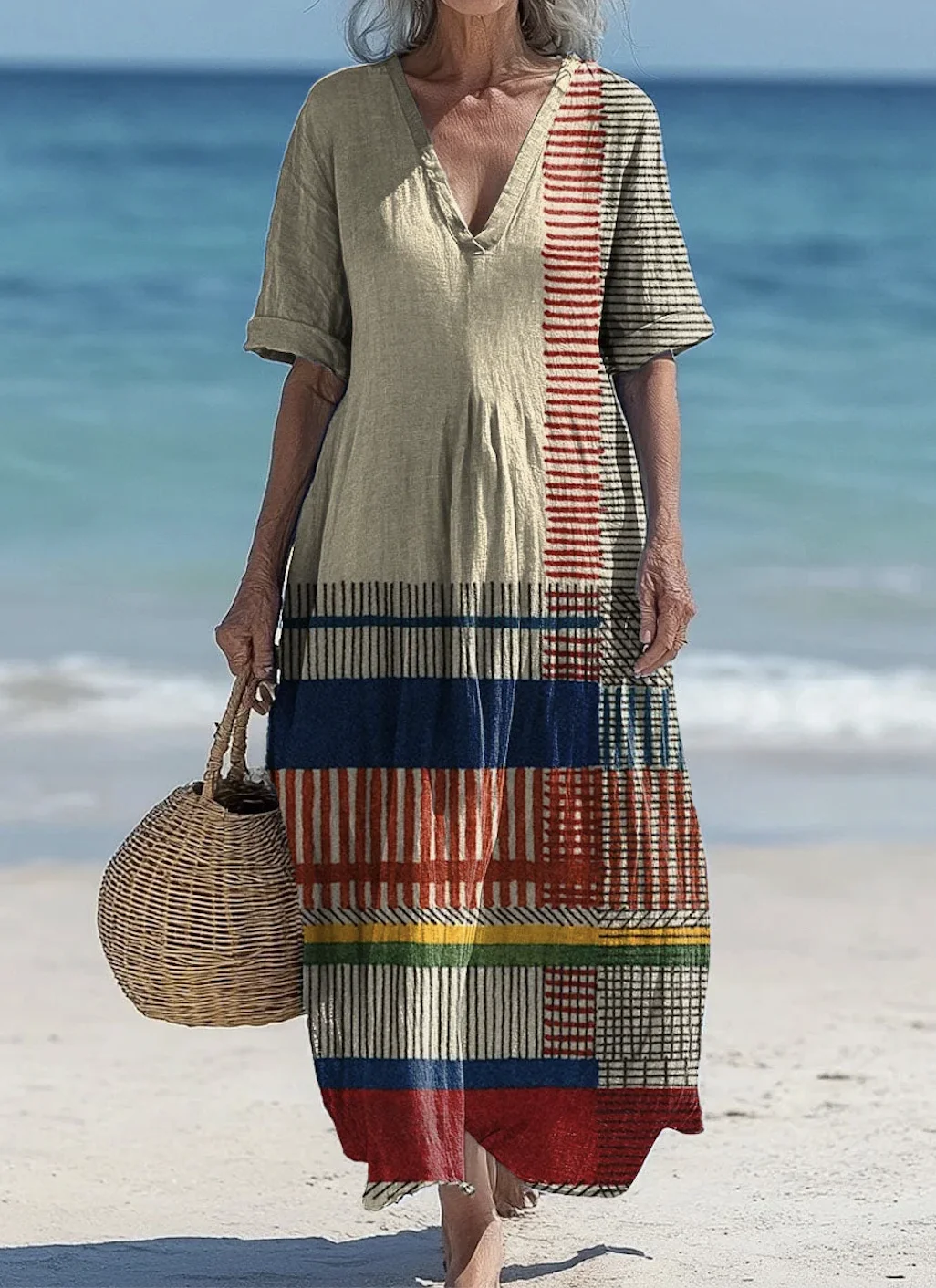 Damen Geometrisch V-Ausschnitt Kurzarm Bequem Lässig Maxikleid