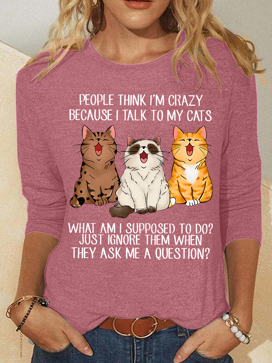 Rundhals Langarm Katze Regelmäßig Mittlere Elastizität Weit Bluse für Damen