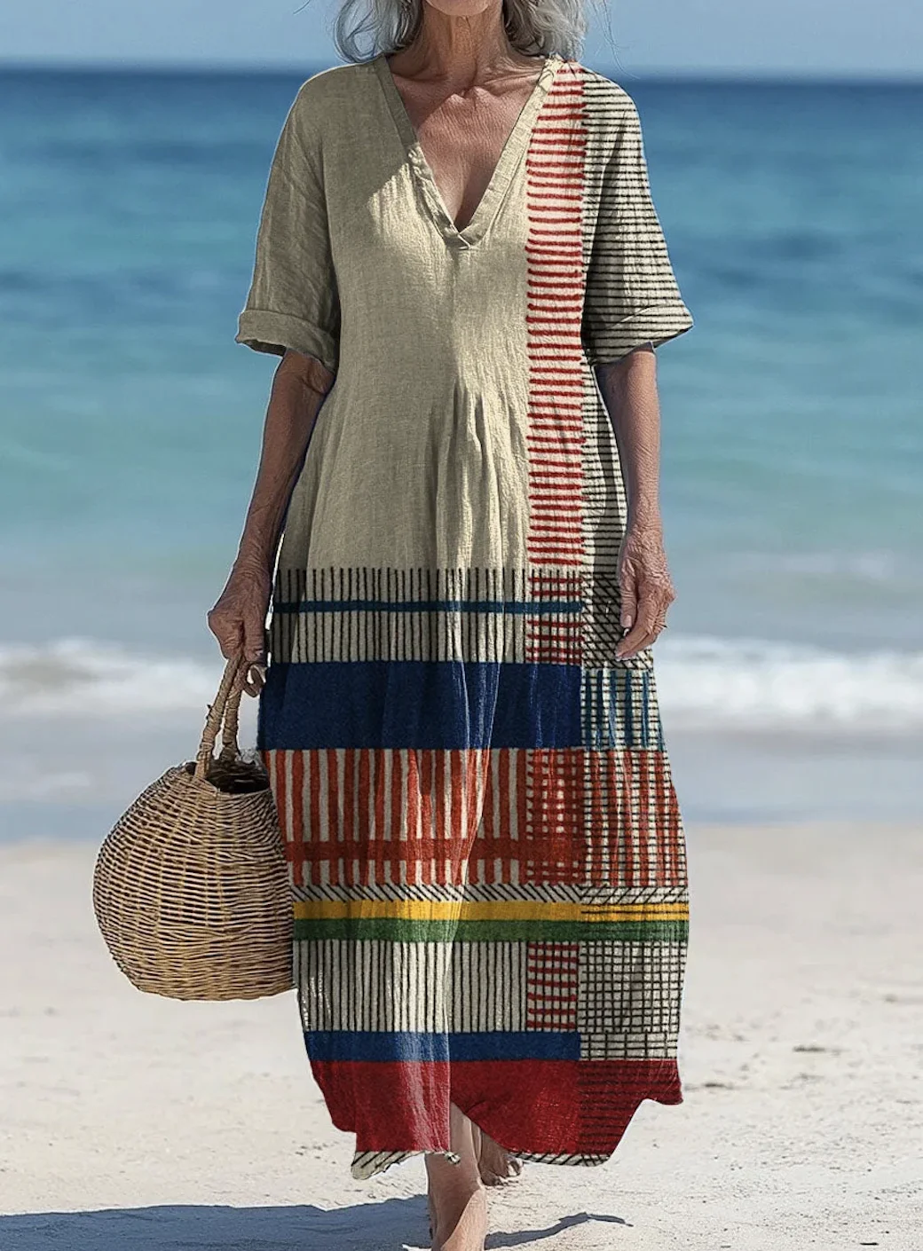 Damen Geometrisch V-Ausschnitt Kurzarm Bequem Lässig Maxikleid