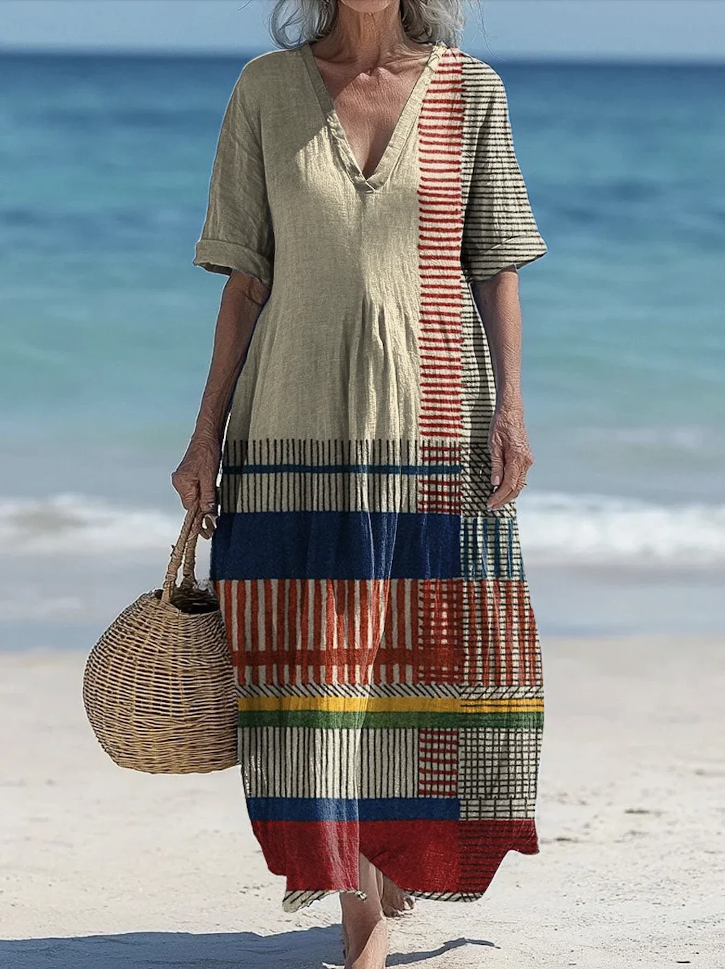 Damen Geometrisch V-Ausschnitt Kurzarm Bequem Lässig Maxikleid