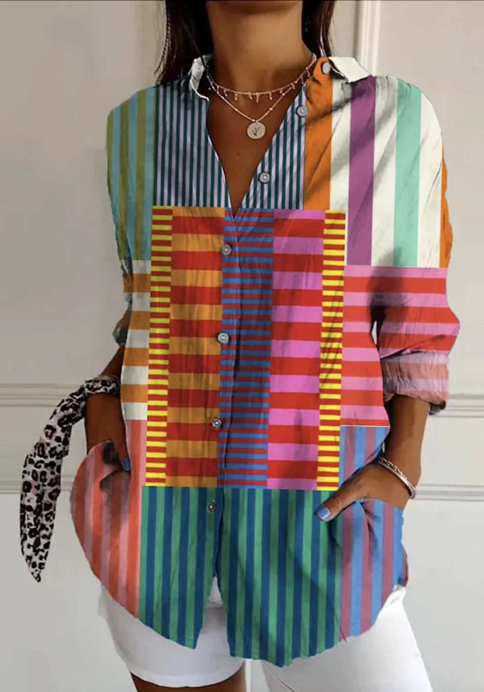 Hemdkragen Langarm Geometrisch Regelmäßig Mikroelastizität Regelmäßige Passform Bluse für Damen