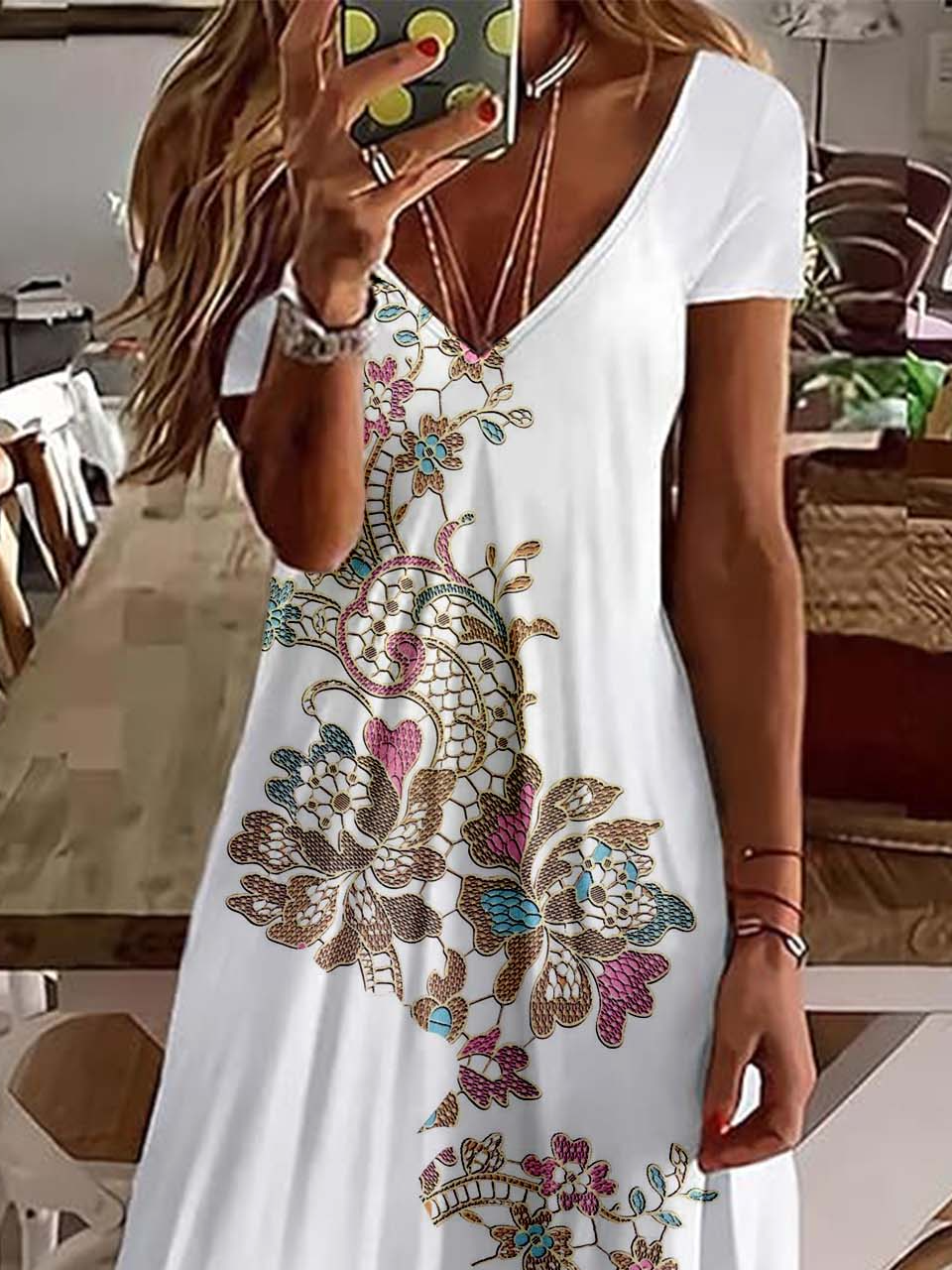 Damen 3d Drucken V-Ausschnitt Kurzarm Bequem Retro Knielänge Kleid