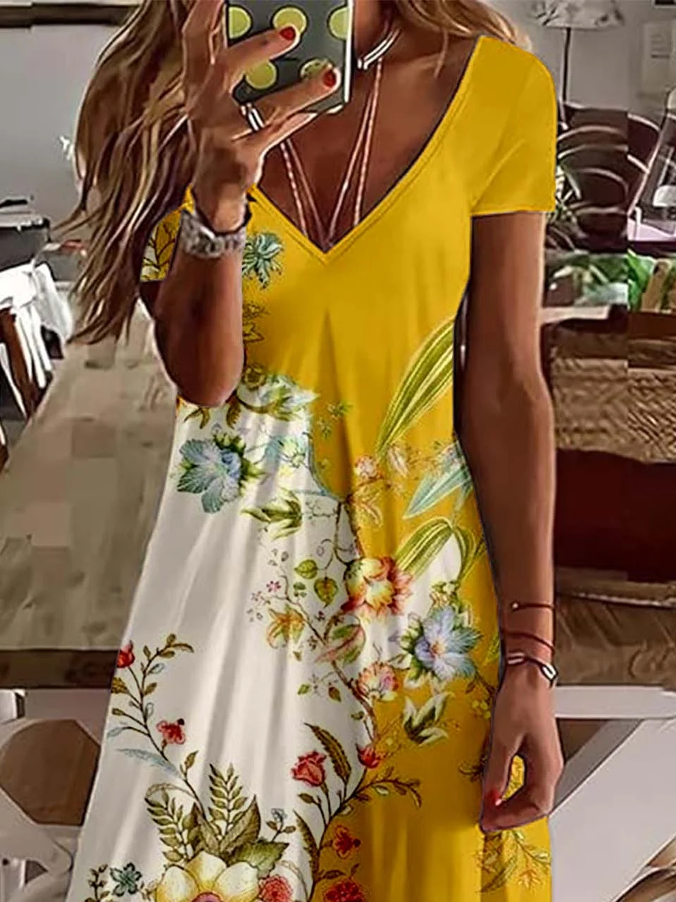 Damen Geblümt V-Ausschnitt Kurzarm Bequem Retro Knielänge Kleid