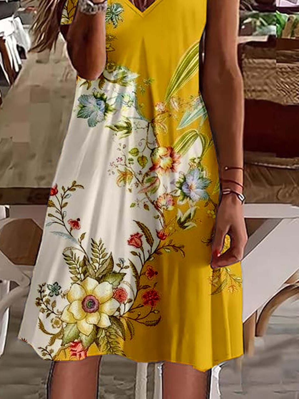 Damen Geblümt V-Ausschnitt Kurzarm Bequem Retro Knielänge Kleid