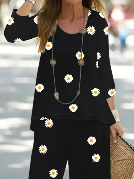 Damen Geblümt Rundhals Langarm Bequem Lässig Print Bluse mit Hose Zweiteiliges Set