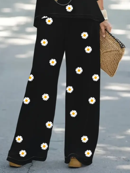 Damen Geblümt Rundhals Langarm Bequem Lässig Print Bluse mit Hose Zweiteiliges Set