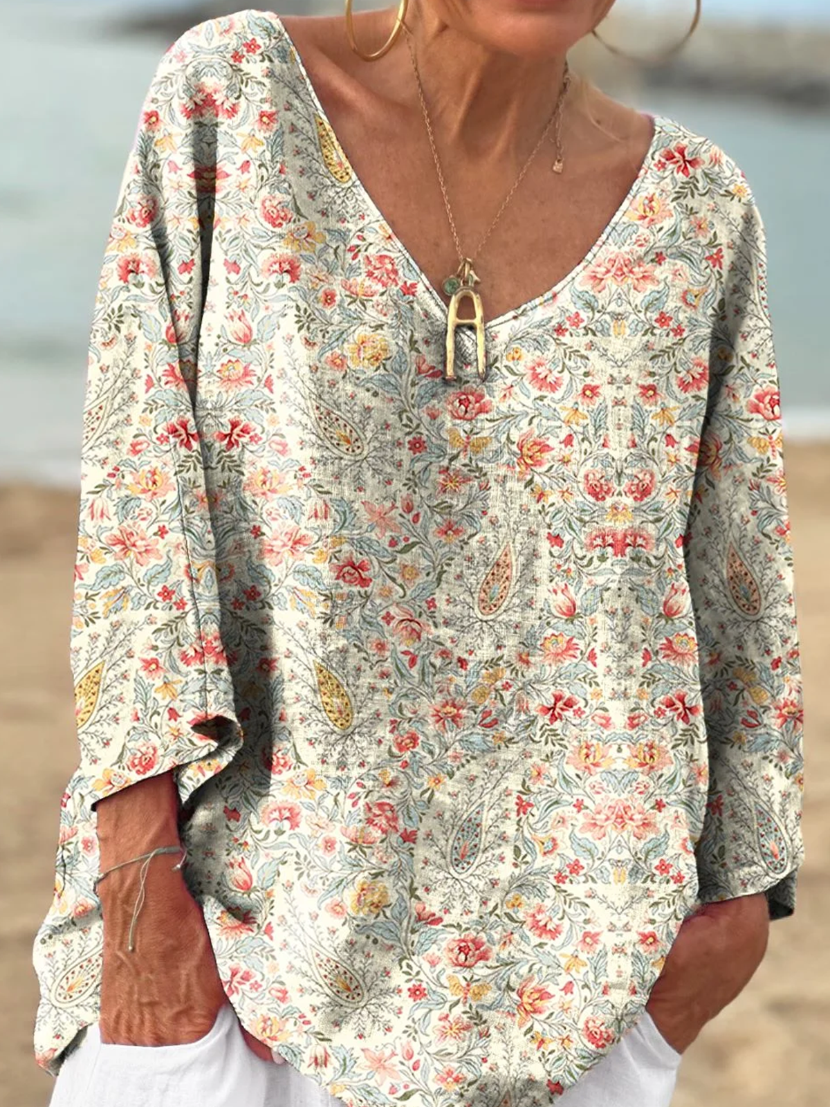 Lässig Paisley V-Ausschnitt Langarm T-Shirt