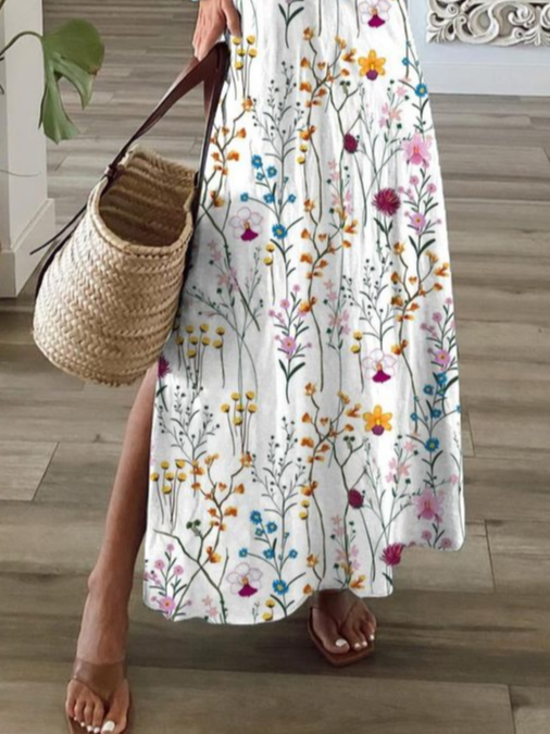Damen Geblümt V-Ausschnitt Kurzarm Bequem Lässig Print Maxikleid