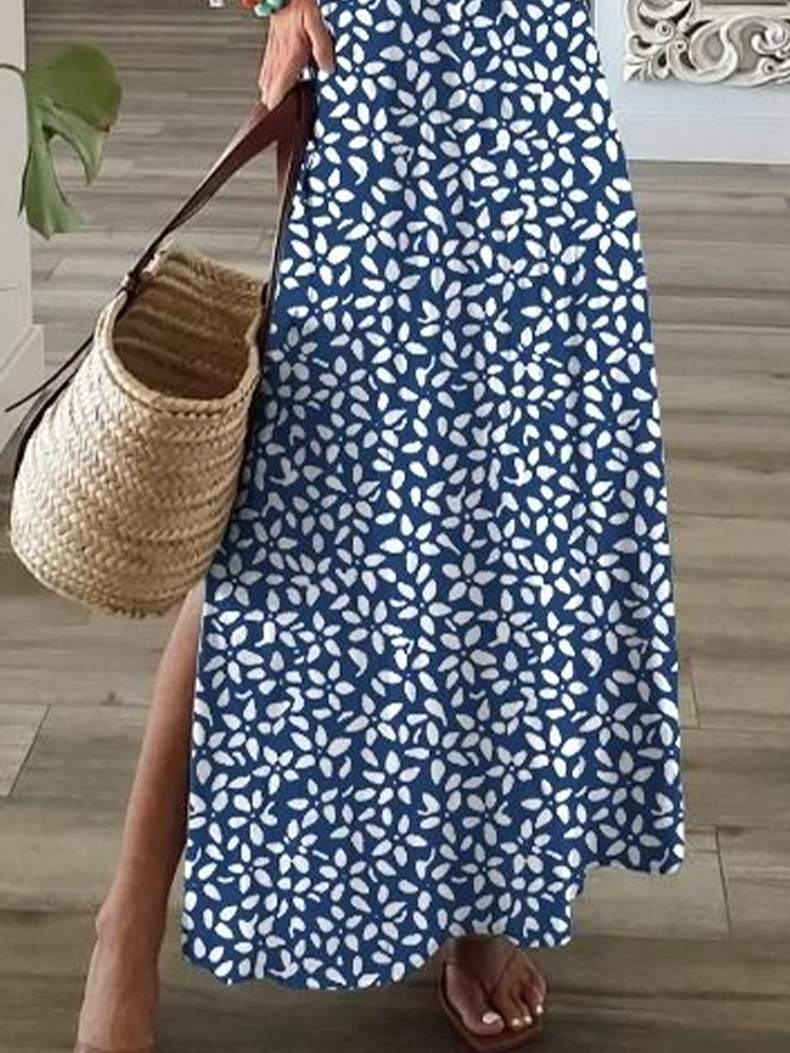 Damen Geblümt V-Ausschnitt Kurzarm Bequem Lässig Print Maxikleid