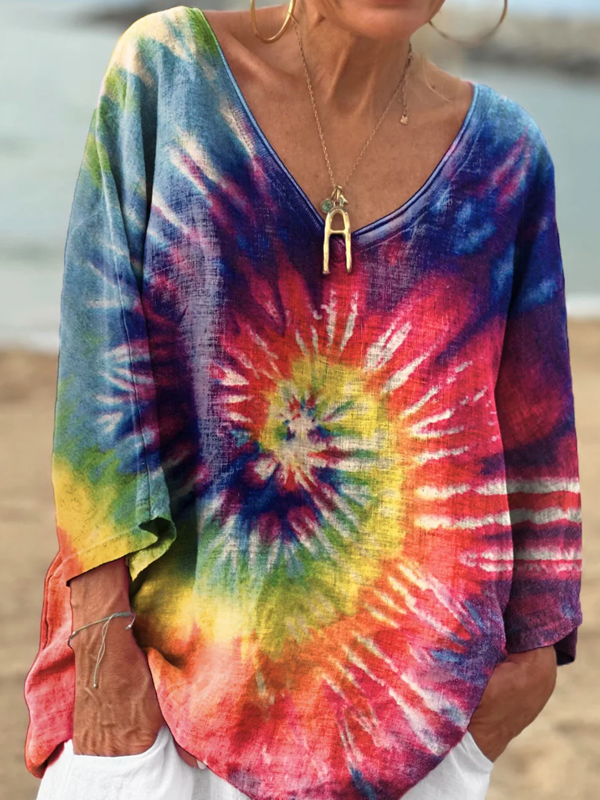 Lässig Batik V-Ausschnitt Langarm T-Shirt