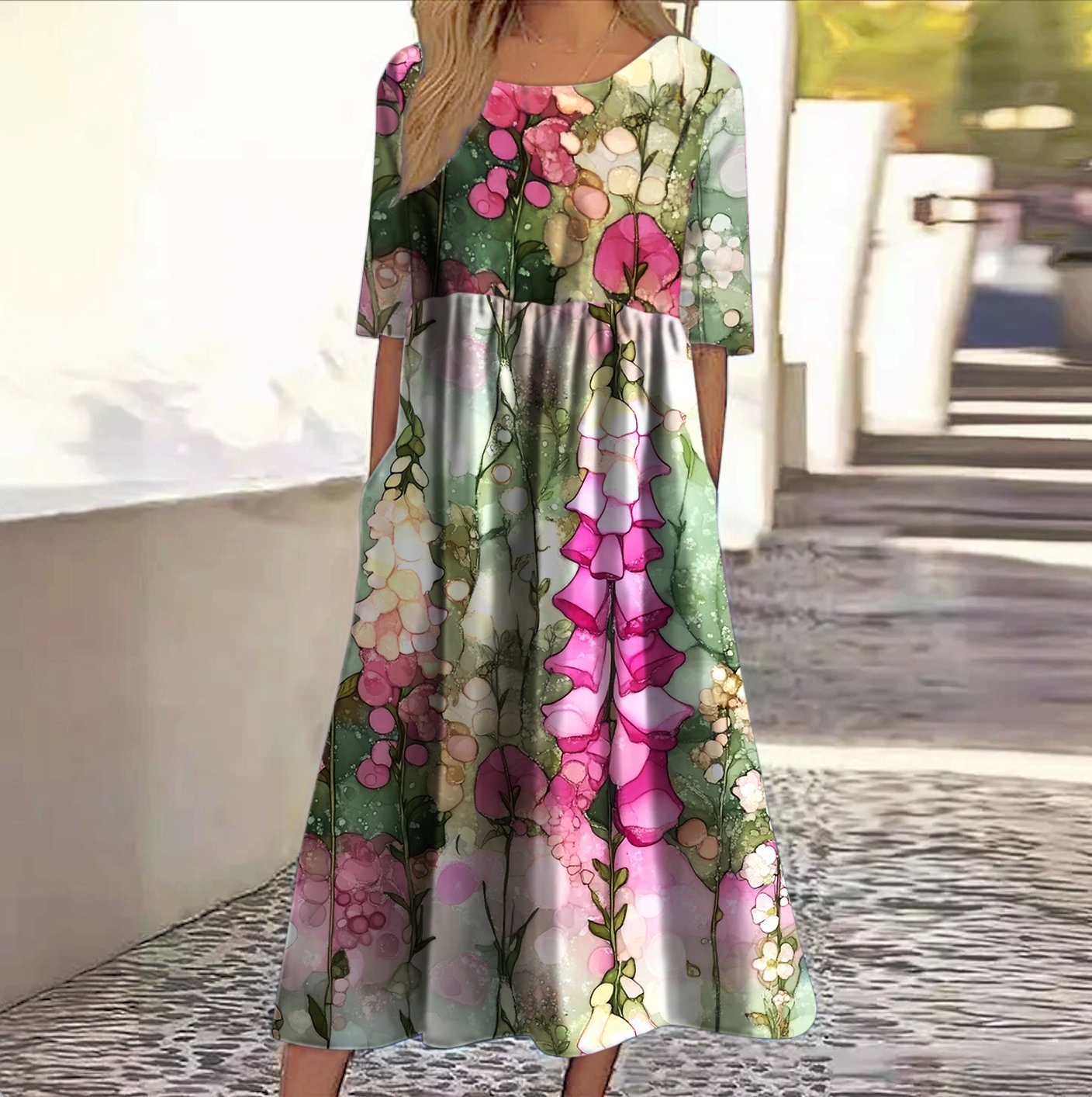 Damen Geblümt Rundhals Kurzarm Bequem Lässig Maxikleid