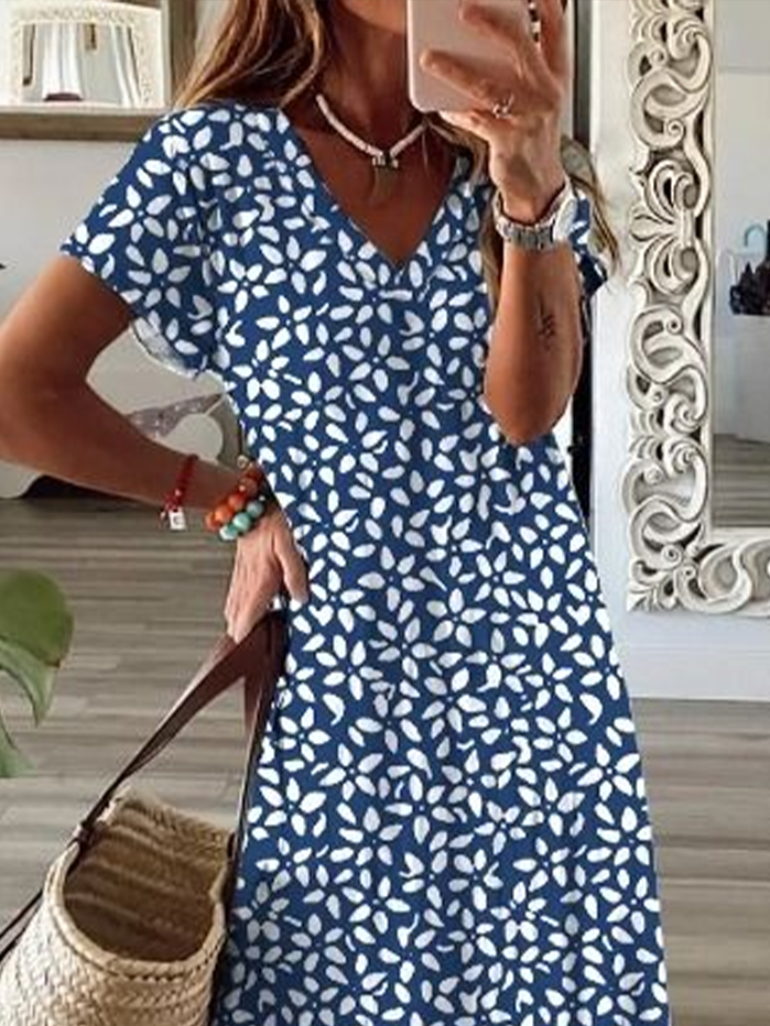 Damen Geblümt V-Ausschnitt Kurzarm Bequem Lässig Print Maxikleid