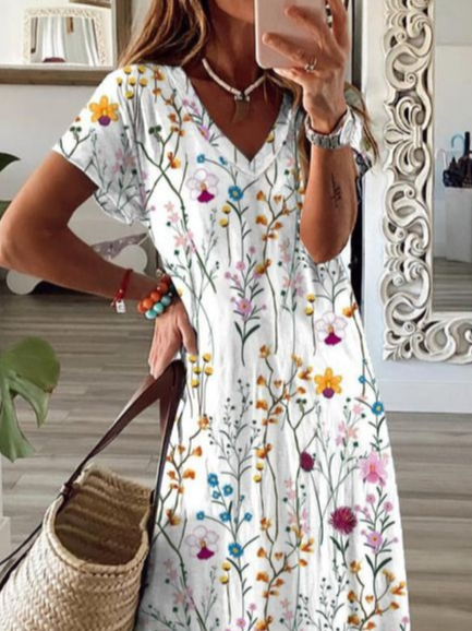 Damen Geblümt V-Ausschnitt Kurzarm Bequem Lässig Print Maxikleid