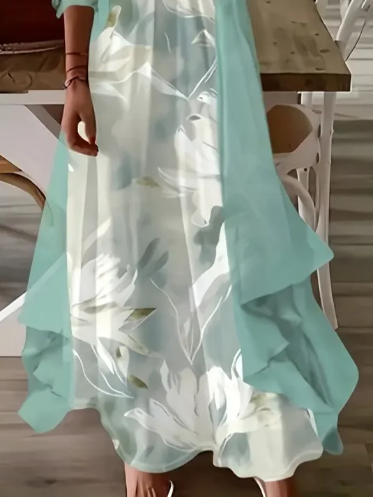 Damen Geblümt Rundhals Dreiviertelärmel Bequem Lässig Print Kleid mit Mantel Zweiteiliges Set
