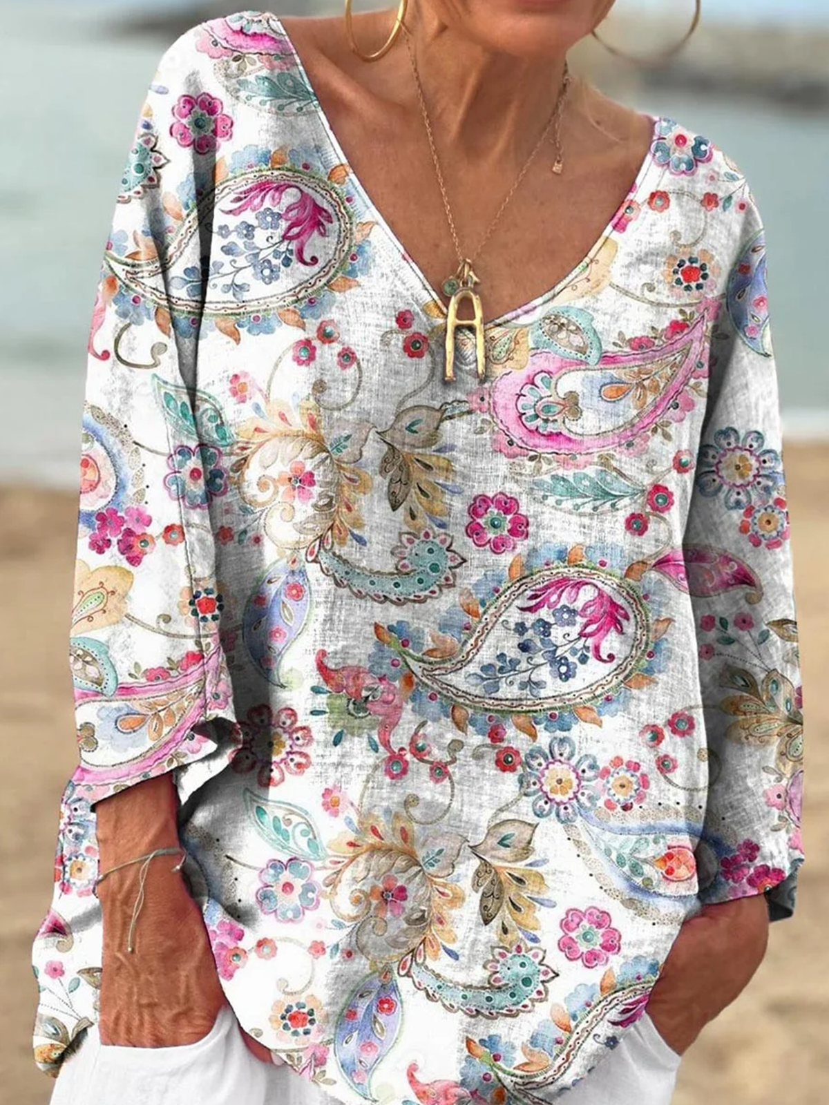 Lässig Paisley V-Ausschnitt Langarm T-Shirt
