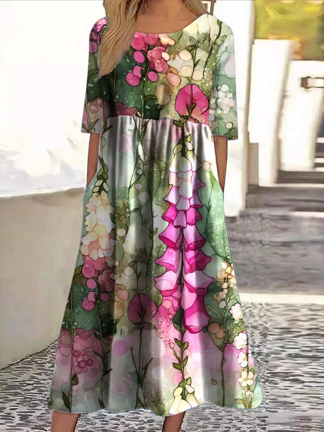Damen Geblümt Rundhals Kurzarm Bequem Lässig Maxikleid