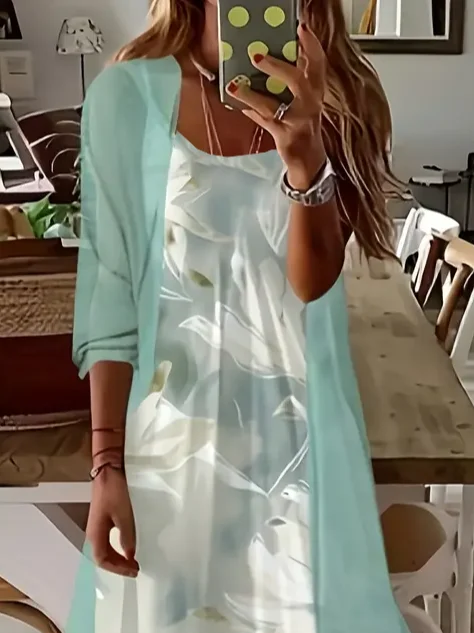 Damen Geblümt Rundhals Dreiviertelärmel Bequem Lässig Print Kleid mit Mantel Zweiteiliges Set