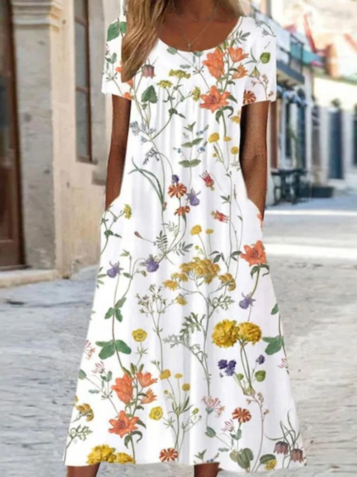 Damen Geblümt Rundhals Kurzarm Bequem Lässig Maxikleid