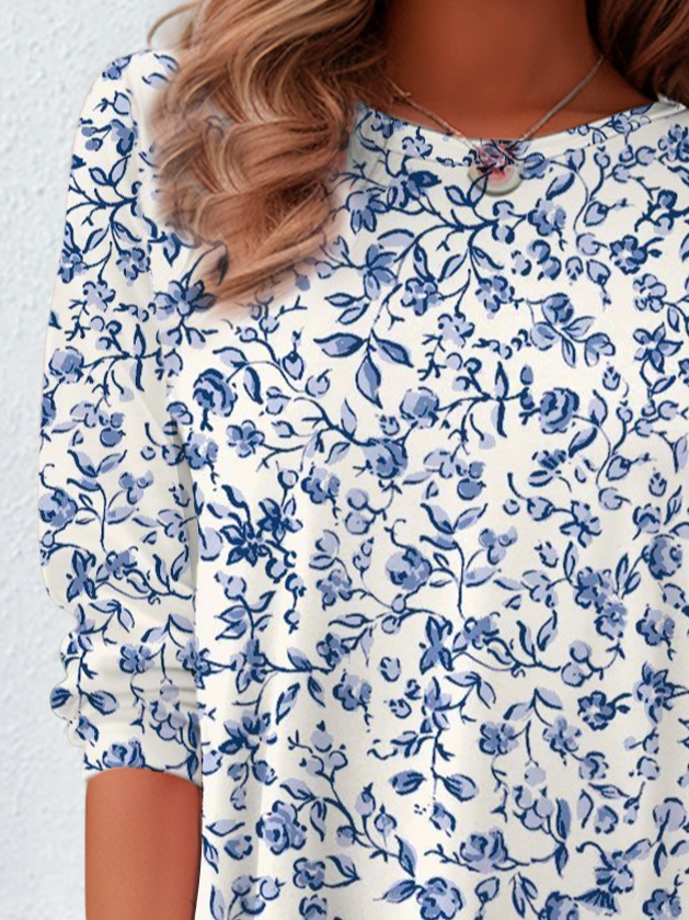 Lässig Geblümt Rundhals Langarm T-Shirt