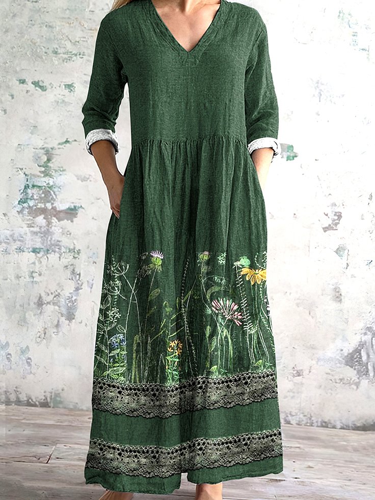 Damen Geblümt V-Ausschnitt Langarm Bequem Lässig Maxikleid