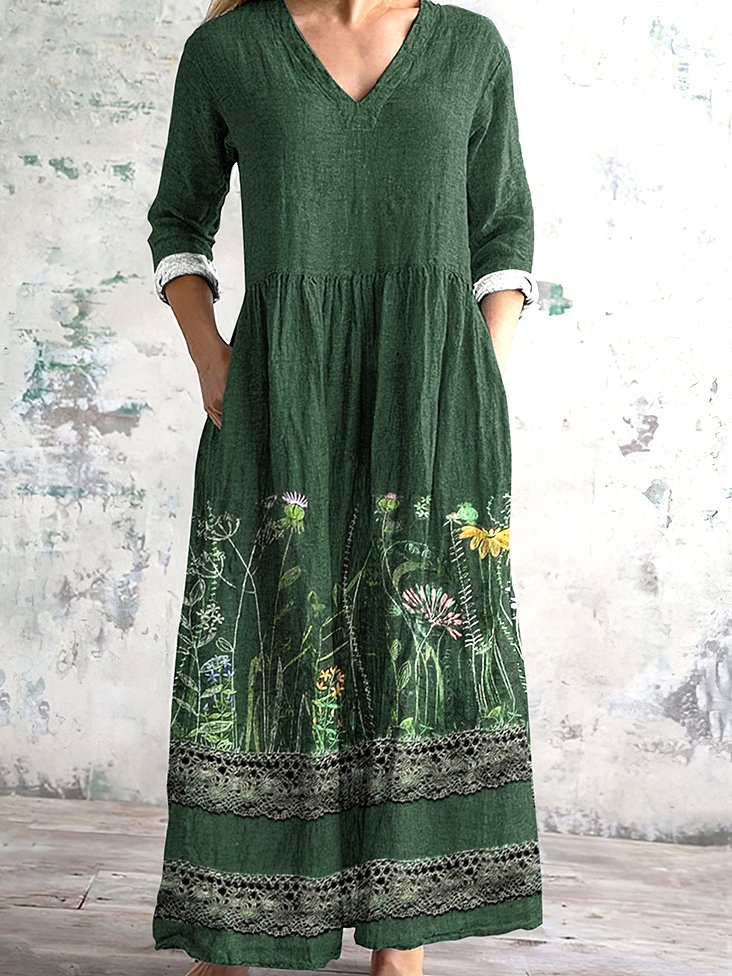 Damen Geblümt V-Ausschnitt Langarm Bequem Lässig Maxikleid