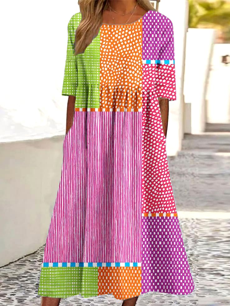 Damen Gestreift Rundhals Halbarm Bequem Lässig Maxikleid