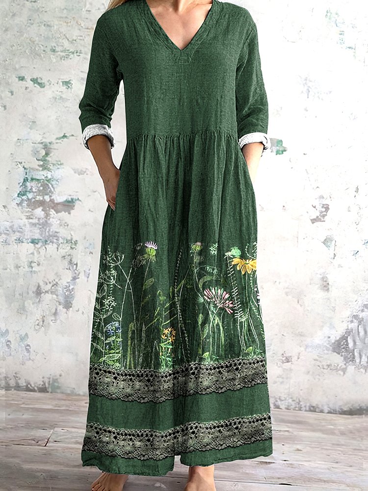 Damen Geblümt V-Ausschnitt Langarm Bequem Lässig Maxikleid