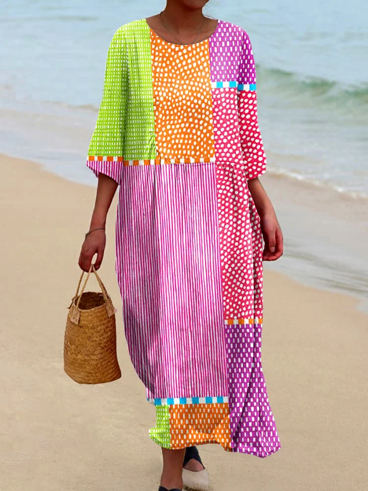 Damen Geometrisch Rundhals Langarm Bequem Lässig Maxikleid