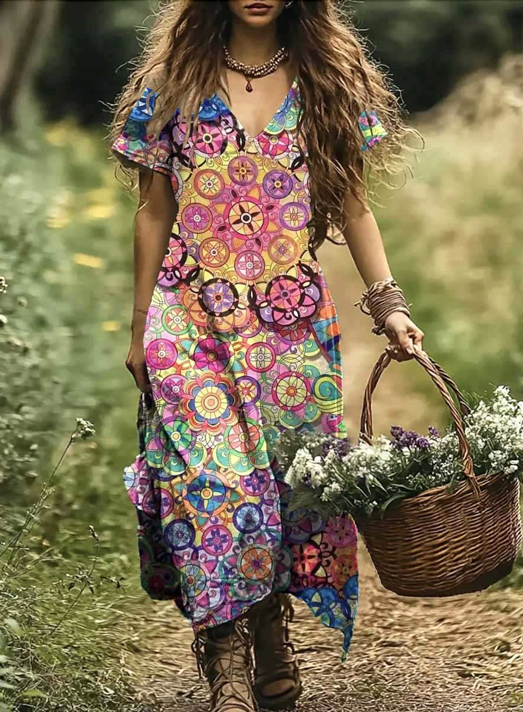 Damen Geometrisch V-Ausschnitt Kurzarm Bequem Lässig Maxikleid