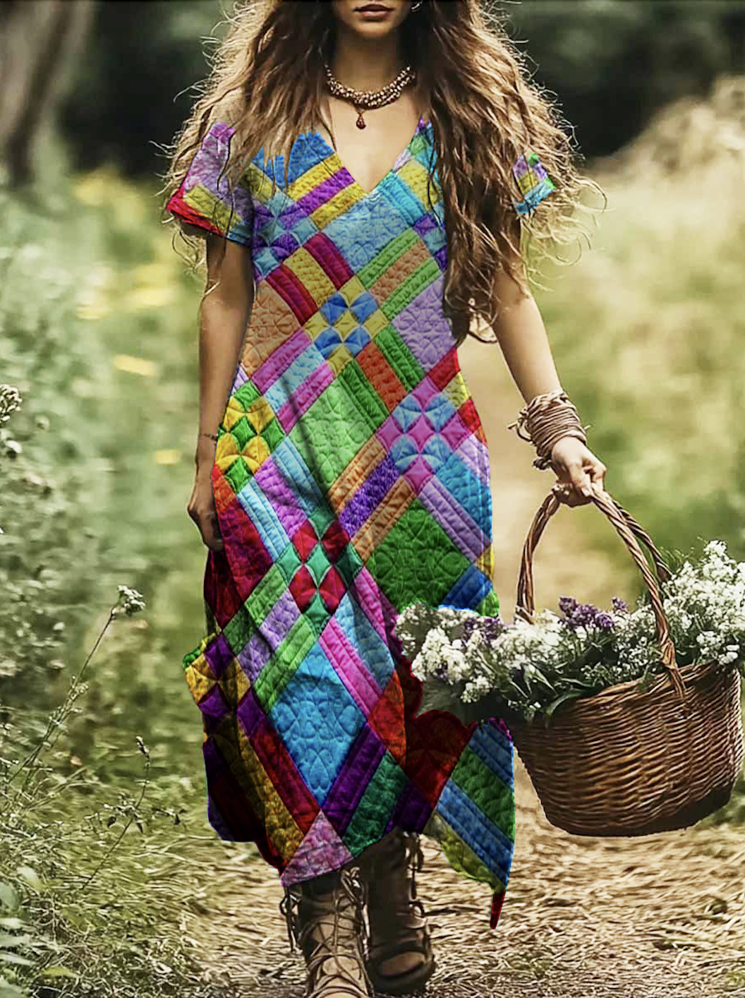 Damen Geometrisch V-Ausschnitt Kurzarm Bequem Lässig Maxikleid