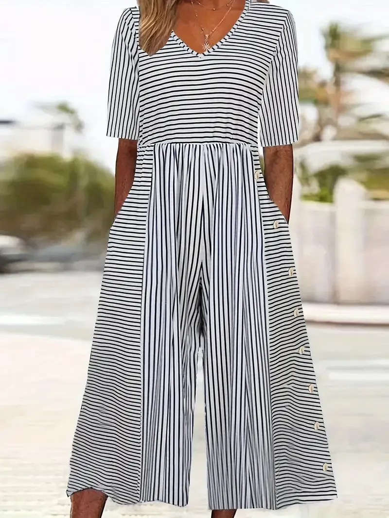 Damen Halbarm V-Ausschnitt Regelmäßige Passform Knöchelhose Print Täglich Lässig Gestreift Normal Jumpsuit
