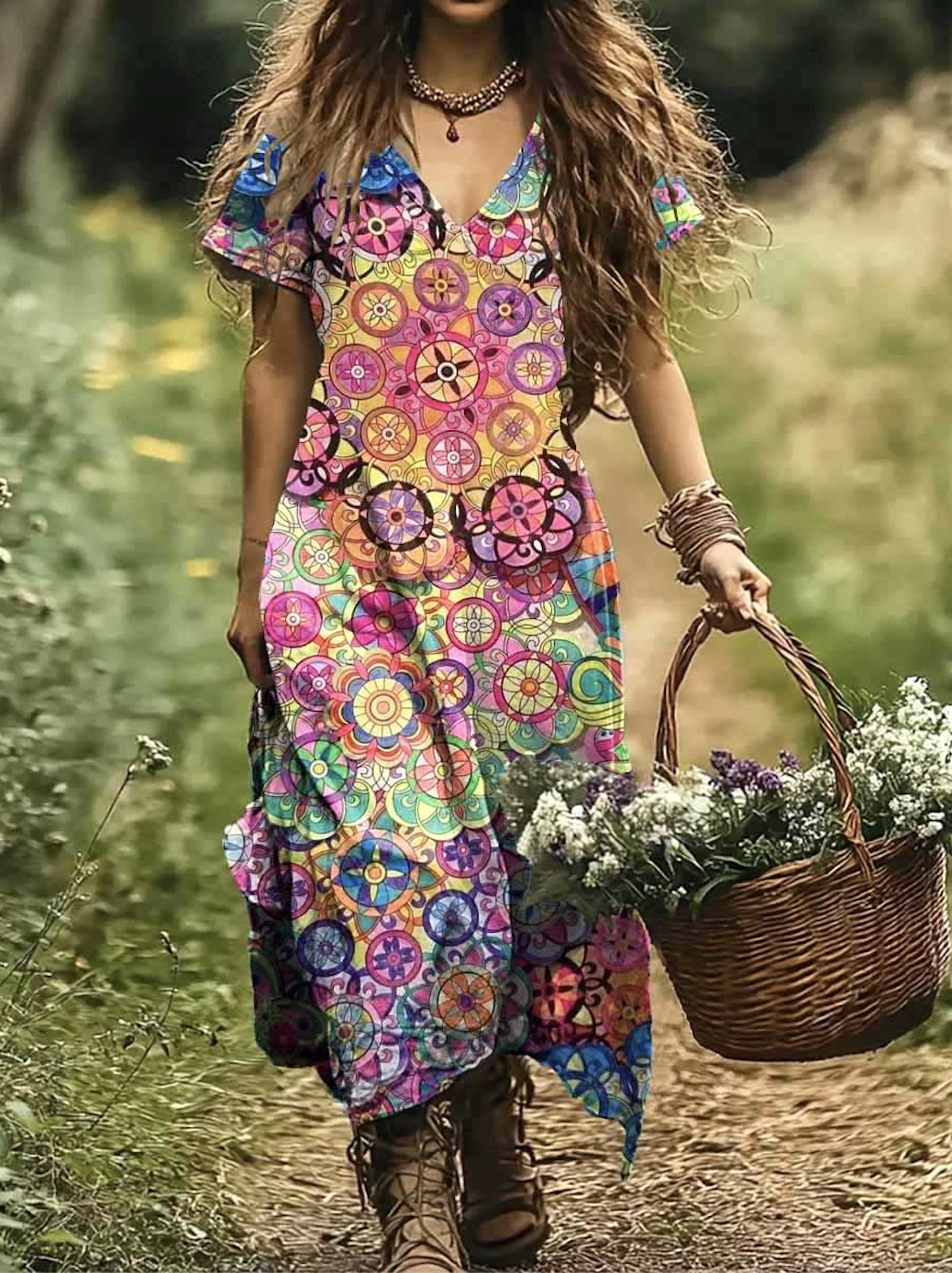 Damen Geometrisch V-Ausschnitt Kurzarm Bequem Lässig Maxikleid