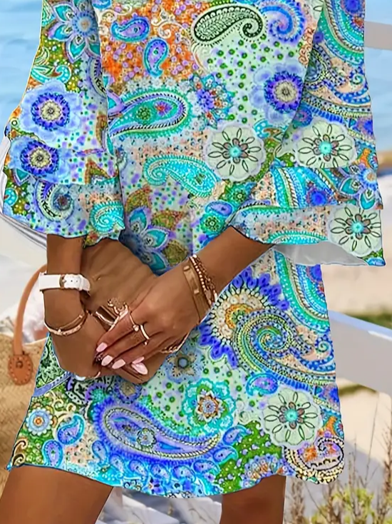 Damen Geblümt Sommer Print Kleid V-Ausschnitt Halbarm Klassisch H-Linie Kleid