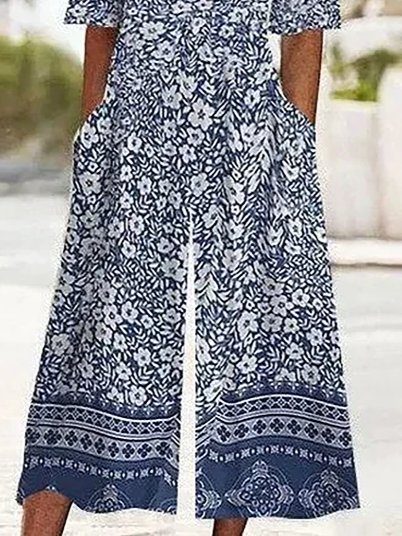 Damen Halbarm V-Ausschnitt Regelmäßige Passform Knöchelhose Print Täglich Lässig Geblümt Normal Jumpsuit