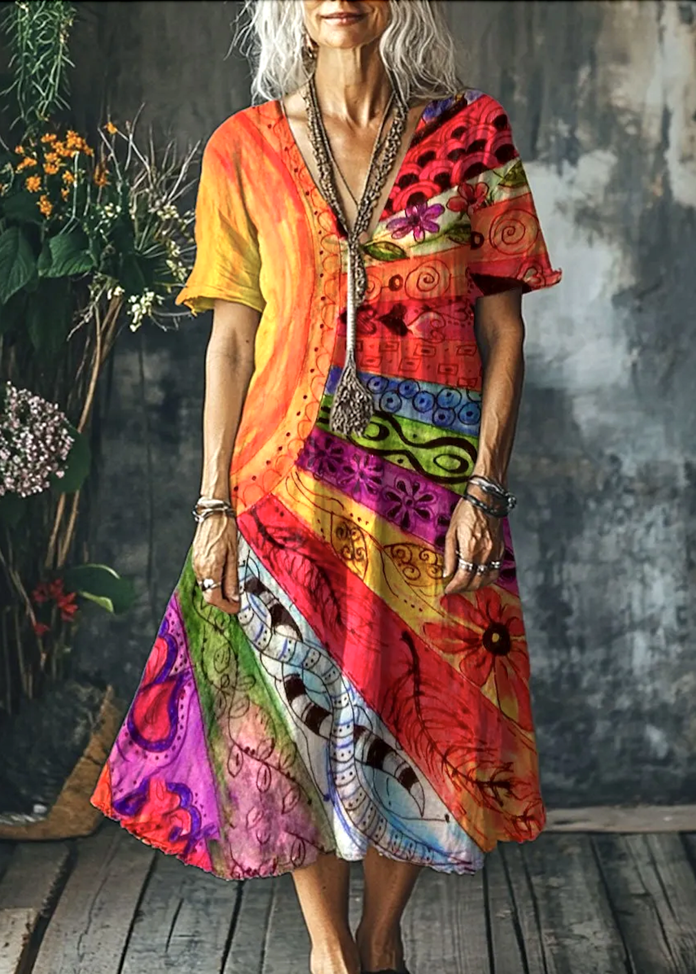 Damen Geometrisch V-Ausschnitt Kurzarm Bequem Lässig Maxikleid