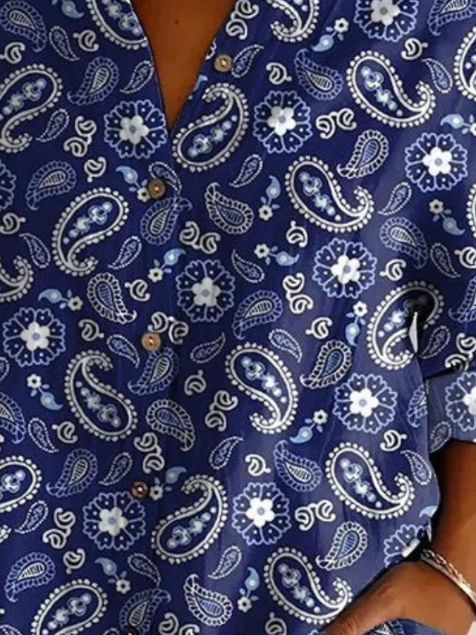 Hemdkragen Langarm Paisley Regelmäßig Mikroelastizität Regelmäßige Passform Bluse für Damen