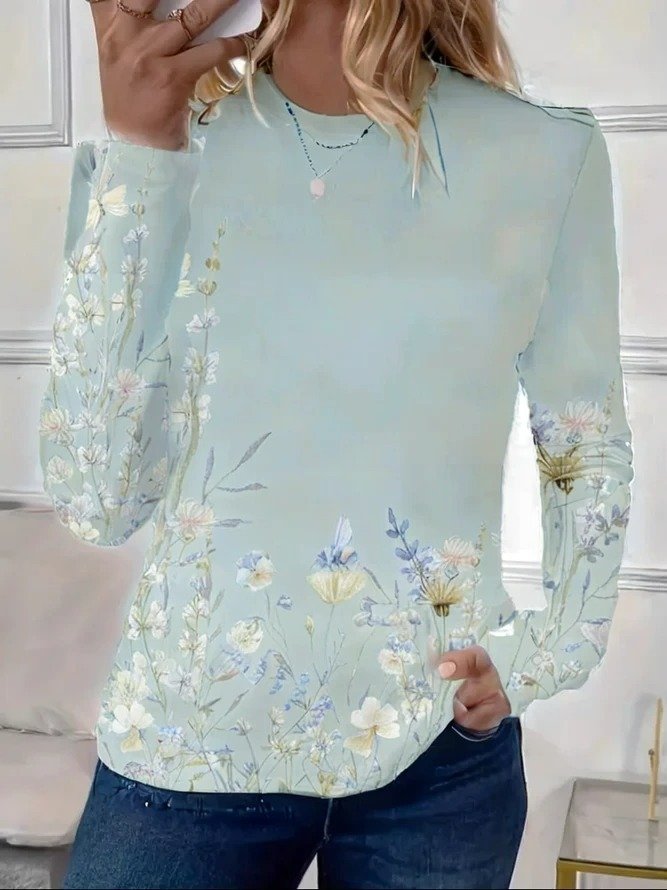 Lässig Geblümt Rundhals Langarm T-Shirt