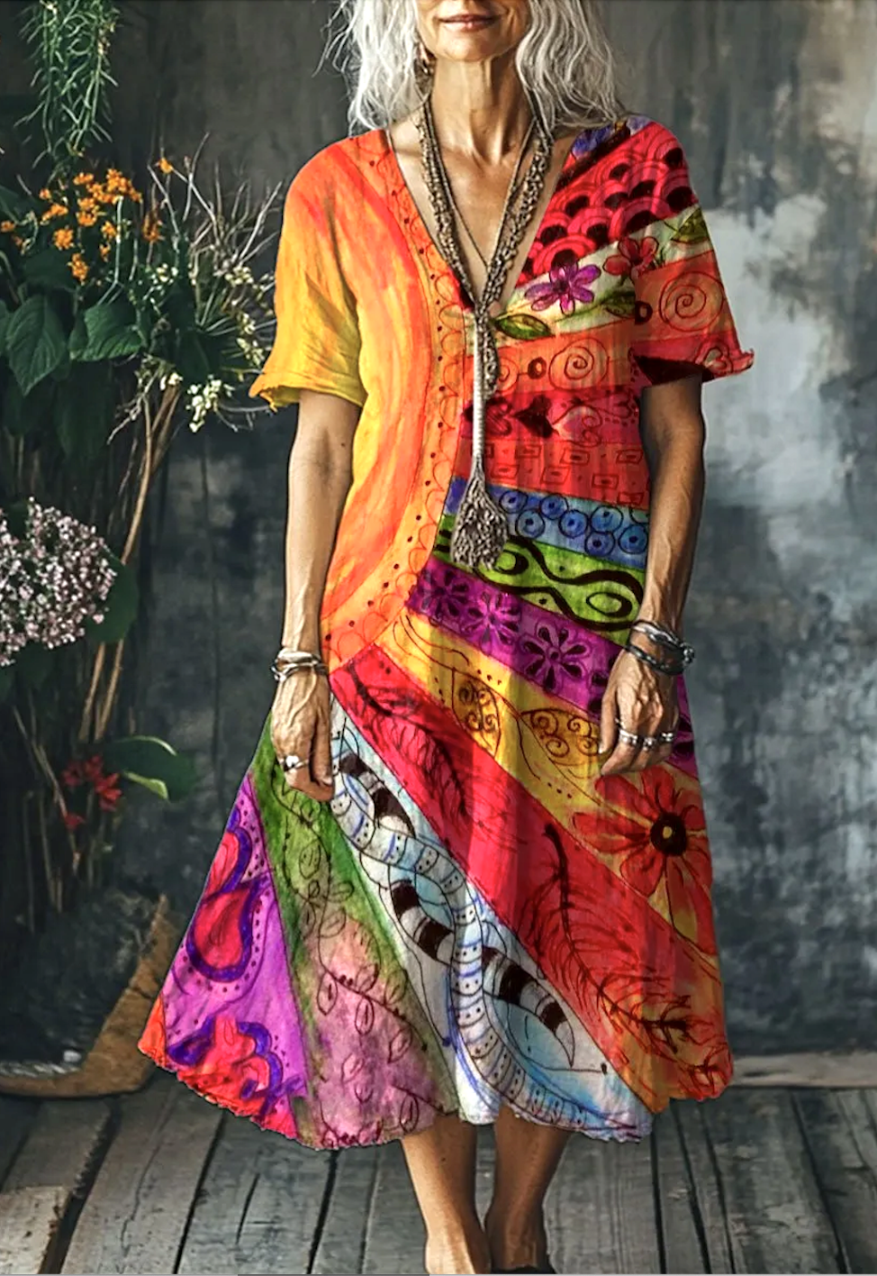 Damen Geometrisch V-Ausschnitt Kurzarm Bequem Lässig Maxikleid